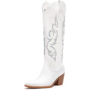 Women White & Rhinestone Polyurethane Side Zipper Knee High Retro Western Boot